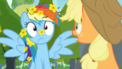 Size: 1779x1000 | Tagged: safe, artist:blue-skiees, edit, edited screencap, screencap, applejack, rainbow dash, earth pony, pegasus, pony, g4, the perfect pear, character swap, duo, female, flower, flower in hair, lesbian, pear tree, scene interpretation, ship:appledash, shipping, spread wings, surprised, tree, wide eyes, wings