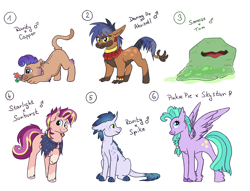 Size: 1700x1300 | Tagged: safe, artist:ruushiicz, oc, oc only, oc:bob, oc:evening glint, oc:royal blue, oc:seashell, oc:singular, oc:tepoz, dracony, hybrid, pony, unicorn, blaze (coat marking), cargo ship offspring, coat markings, facial markings, female, flower, horn, interspecies offspring, magical lesbian spawn, male, mare, offspring, parent:ahuizotl, parent:capper dapperpaws, parent:daring do, parent:pinkie pie, parent:princess skystar, parent:rarity, parent:smooze, parent:spike, parent:starlight glimmer, parent:sunburst, parent:tom, parents:capperity, parents:darizotl, parents:skypie, parents:sparity, parents:starburst, simple background, socks (coat markings), stallion, white background