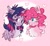 Size: 1185x1098 | Tagged: safe, artist:tw1pie, pinkie pie, twilight sparkle, alicorn, earth pony, pony, g4, abstract background, chest fluff, cute, diapinkes, duo, duo female, ear fluff, female, heart, lesbian, looking at each other, looking at someone, ship:twinkie, shipping, smiling, smiling at each other, twiabetes, twilight sparkle (alicorn)