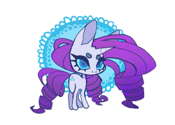 Size: 739x528 | Tagged: safe, artist:cutesykill, rarity, pony, unicorn, g4, beanbrows, big ears, big head, big mane, blue eyes, blue sclera, chibi, circle background, colored eyebrows, colored pinnae, colored sclera, eyebrows, gradient mane, gradient tail, horn, lace, long mane, long tail, no mouth, purple mane, purple tail, ringlets, simple background, slit pupils, small horn, standing, tail, thick eyebrows, three quarter view, unicorn horn, white background