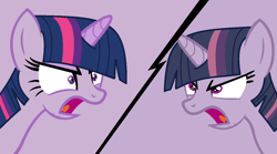 Size: 1280x710 | Tagged: safe, artist:miatdm, artist:twilyisbestpone, mean twilight sparkle, twilight sparkle, alicorn, pony, g4, angry, base used, clone, duality, duo, duo female, evil clone, female, mare, open mouth, purple background, self paradox, self ponidox, simple background, twilight sparkle (alicorn), twolight, wrong eye shape, yelling