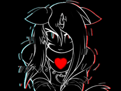 Size: 1300x975 | Tagged: safe, artist:northern wind, oc, oc only, oc:northern wind, pony, unicorn, g4, angry, black background, blurry, bust, clothes, crossover, digital art, distortion, error, eyelashes, female, glitch, heart, heart necklace, horn, jacket, jewelry, looking at you, mare, messy mane, monochrome, necklace, portrait, shaking, shirt, signature, simple background, sitting, solo, staring at you, staring into your soul, striped sweater, sweater, tail, undertale