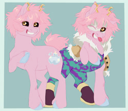 Size: 1500x1300 | Tagged: safe, artist:abbytabbys, part of a set, earth pony, pony, ;p, anime, black sclera, blue hooves, bodysuit, boots, border, camouflage, clothes, colored eyebrows, colored eyelashes, colored horns, colored sclera, costume, duality, eye clipping through hair, eyebrows, eyebrows visible through hair, eyelashes, female, fluffy mane, fluffy tail, fur coat, grin, hoof boots, hoof heart, horns, looking back, mask, mina ashido, my hero academia, one eye closed, passepartout, pink coat, pink eyelashes, pink mane, pink tail, ponified, quirked pony, raised hoof, raised leg, requested art, shiny horns, shiny mane, shiny tail, shoes, short mane, short tail, smiling, solo, standing on three hooves, standing on two hooves, superhero costume, tail, teenager, three quarter view, tongue out, underhoof, unshorn fetlocks, waistcoat, wall of tags, wink, yellow eyes