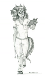 Size: 750x1289 | Tagged: safe, artist:baron engel, king sombra, unicorn, anthro, g4, bipedal, clipboard, grayscale, horn, looking at you, male, monochrome, nurse, nurse outfit, pencil drawing, signature, simple background, solo, stethoscope, traditional art, walking, white background