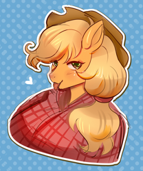 Size: 2700x3250 | Tagged: safe, artist:cutievarka, applejack, earth pony, anthro, g4, :p, bust, clothes, female, flannel, hat, heart, high res, lidded eyes, looking at you, mare, outline, shirt, smiling, smiling at you, solo, tongue out, white outline