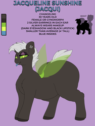 Size: 3000x4000 | Tagged: safe, artist:jacqueling, oc, oc only, oc:jacqui sunshine, changeling, blue insides, blue tongue, bugbutt, butt, carapace, changeling oc, color palette, curved horn, ear piercing, fangs, female, green changeling, green eyes, holeless, horn, huge butt, insect wings, large butt, looking at you, piercing, plot, reference sheet, size chart, size comparison, solo, tail, text, tongue piercing, wings