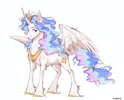 Size: 1280x1029 | Tagged: safe, artist:swabakar, princess celestia, alicorn, pony, g4, alternate cutie mark, alternate design, alternate mane color, alternate tail color, chest fluff, colored eyebrows, colored pinnae, concave belly, curly mane, curly tail, ethereal mane, ethereal tail, female, fetlock tuft, hock fluff, hoof shoes, horn, lidded eyes, long feather, long horn, looking back, mare, partially open wings, peytral, pink eyes, princess shoes, purple pupils, redesign, signature, simple background, smiling, solo, standing, tail, three quarter view, three toned mane, three toned tail, tied tail, wavy mane, wavy tail, white background, wings