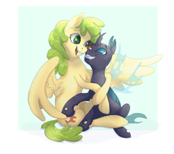 Size: 2675x2375 | Tagged: safe, artist:shaslan, oc, oc only, changeling, pegasus, pony, carapace, changeling oc, colored pupils, commission, duo, fangs, green eyes, green mane, green pupils, green tail, heterochromia, hug, looking at each other, looking at someone, one wing out, open mouth, open smile, passepartout, pegasus oc, raised hoof, shiny mane, shiny tail, sitting, smiling, tail, wings, yellow coat