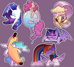 Size: 3050x2750 | Tagged: safe, artist:kaf1l, applejack, fluttershy, pinkie pie, princess celestia, rainbow dash, rarity, twilight sparkle, alicorn, earth pony, pegasus, pony, shrimp, unicorn, fanfic:rainbow factory, g4, balloon, banana, banana costume, bananalestia, bipedal, book, bust, clothes, costume, eyes closed, fanfic art, female, floppy ears, food, food costume, fruit costume, glowing, glowing eyes, high res, hooves together, horn, looking at you, mane six, mare, outline, purple background, rainbow, rainbow factory dash, reading, simple background, smiling, smiling at you, torn ear, twilight sparkle (alicorn), white outline