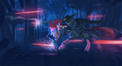 Size: 3457x1872 | Tagged: safe, artist:ciborgen, tempest shadow, human, pony, unicorn, g4, armor, crossover, duo, female, force field, glowing, glowing horn, gun, handgun, helldivers 2, helmet, high res, horn, humans riding ponies, laser, magic, mare, revolver, riding, riding a pony