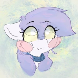 Size: 1115x1114 | Tagged: safe, artist:zzzsleepy, oc, oc only, oc:chanter, ghost, ghost pony, abstract background, blush sticker, blushing, bust, collar, female, floppy ears, smiling, solo, wavy mouth, yellow eyes