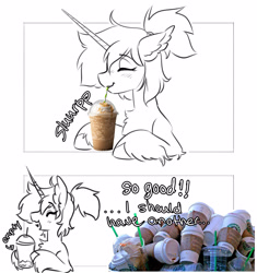 Size: 3830x4073 | Tagged: safe, artist:opalacorn, oc, oc only, oc:bubblegum, pony, unicorn, bust, coffee cup, cup, dialogue, drink, drinking, female, frappuccino, grayscale, horn, mare, monochrome, partial color, simple background, solo, stuffing, white background