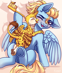 Size: 3400x4000 | Tagged: safe, artist:konejo, derpibooru exclusive, oc, oc only, oc:beaky, oc:brave blossom, griffon, pegasus, pony, fanfic:yellow feathers, brush, brushing, duo, face licking, feather, female, food, griffon oc, ice cream, licking, male, mother and child, mother and son, paw pads, paws, pegasus oc, tongue out