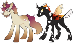 Size: 4750x2800 | Tagged: safe, artist:catastrophyte, oc, oc only, changeling, pony, unicorn, adoptable, black body, black coat, carapace, changeling oc, coat markings, colored, colored hooves, colored wings, curved horn, duo, ear markings, eye markings, facial markings, fangs, flat colors, fluffy mane, fluffy tail, freckles, frown, gradient ears, gradient eyes, gradient horn, gradient legs, gradient mane, gradient tail, gradient wings, holes in wings, hooves, horn, horn markings, leg markings, leonine tail, long tail, looking at someone, looking back, narrowed eyes, orange changeling, pink eyes, simple background, small horn, spread wings, standing, tail, tan coat, three toned mane, three toned tail, transparent background, transparent wings, unicorn oc, wall of tags, white hooves, white tail, wings