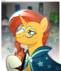 Size: 1343x1562 | Tagged: safe, artist:scarffist, sunburst, pony, unicorn, g4, alcohol, base used, beard, blue eyes, bottle, clothes, drink, drunk, drunk bubbles, emanata, facial hair, glasses, horn, male, orange coat, red hair, red mane, smiling, solo, whiskey