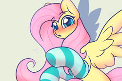 Size: 3294x2200 | Tagged: safe, artist:mariashek, fluttershy, pegasus, pony, g4, abstract background, blushing, blushing profusely, clothes, cute, embarrassed, female, mare, socks, solo, striped socks, wings