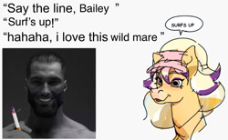 Size: 1206x742 | Tagged: artist needed, safe, horse, human, bailey (wild manes), bust, chad, cigarette, dialogue, duo, duo male and female, eyeshadow, female, hat, human male, makeup, male, mare, meme, smiling, speech bubble, surf's up, wild manes