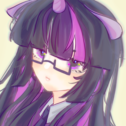 Size: 3300x3300 | Tagged: safe, artist:yuzhongbutong08989, twilight sparkle, human, g4, bust, eared humanization, glasses, horn, horned humanization, humanized, looking at you, portrait, simple background, solo, white background