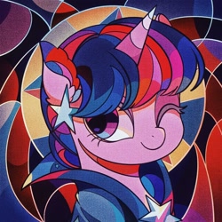 Size: 1600x1600 | Tagged: safe, artist:tkotu434, twilight sparkle, pony, unicorn, g4, abstract background, bust, clothes, dress, female, gala dress, horn, looking at you, mare, one eye closed, portrait, smiling, smiling at you, solo, wink