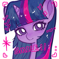 Size: 2048x2048 | Tagged: safe, artist:xinjinjumin587503282812, twilight sparkle, pony, unicorn, g4, bust, camera shot, female, horn, looking at you, mare, portrait, simple background, smiling, smiling at you, solo, white background