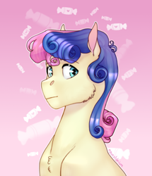 Size: 1908x2219 | Tagged: safe, artist:equeslibrium, bon bon, sweetie drops, earth pony, pony, g4, background pony, bust, candy, female, food, looking at you, mare, portrait, solo