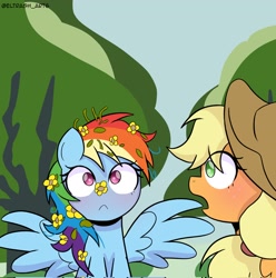 Size: 2028x2048 | Tagged: safe, artist:eltrash_art6, applejack, rainbow dash, earth pony, pegasus, pony, g4, applejack's hat, blushing, cowboy hat, cute, dashabetes, duo, duo female, female, flower, flower in hair, hat, jackabetes, lesbian, mare, ship:appledash, shipping, spread wings, tree, wings