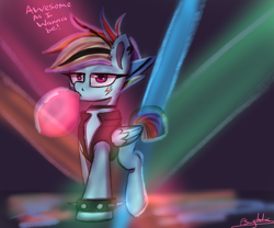 Size: 2400x2000 | Tagged: safe, artist:psychotix, rainbow dash, pegasus, pony, rainbow rocks 10th anniversary, g4, alternate hair color, alternate hairstyle, alternate tailstyle, blowing bubblegum, blowing bubbles, bubblegum, choker, clothes, cutie mark tattoo, dance floor, ear piercing, earring, face tattoo, female, food, gum, jacket, jewelry, leather, leather jacket, lidded eyes, lights, mare, piercing, punk, rainbow punk, solo, spiked wristband, stage light, tail, tattoo, wristband