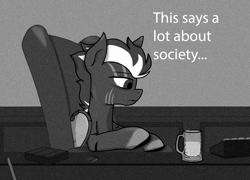 Size: 1244x897 | Tagged: safe, artist:klonray, oc, oc only, oc:colton whittles, pegasus, black and white, grayscale, male, meme, monochrome, pegasus oc, sad, sitting, solo, stallion