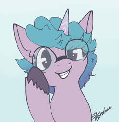 Size: 2150x2198 | Tagged: safe, artist:tkshoelace, izzy moonbow, pony, unicorn, g5, alternate hairstyle, blue background, cute, glasses, gradient background, horn, izzybetes, looking at you, purple coat, raised hoof, raised leg, short hair, signature, simple background, smiling, smiling at you, solo, unshorn fetlocks