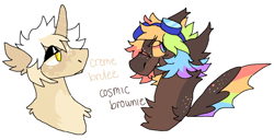 Size: 1230x630 | Tagged: safe, artist:catastrophyte, oc, oc only, oc:cosmic brownie, oc:creme brulee, bat pony, pony, unicorn, bat pony oc, black eyeshadow, body freckles, brown coat, brown mane, brown text, bust, chest fluff, coat markings, colored, colored ears, colored horn, colored sclera, colored wings, colored wingtips, cream coat, duo, ear fluff, ear tufts, eye clipping through hair, eyeshadow, facial markings, facial scar, flat colors, fluffy mane, freckles, frown, goggles, goggles on head, horn, hybrid wings, lidded eyes, looking at someone, looking back, makeup, multicolored hair, multicolored wings, multicolored wingtips, orange sclera, pixel-crisp art, profile, rainbow freckles, rainbow hair, rainbow wingtips, scar, short mane, shoulder fluff, simple background, slit pupils, smiling, spread wings, striped horn, tan coat, text, two toned eyes, two toned mane, unicorn oc, wall of tags, white background, white mane, white pupils, wing freckles, wings, yellow eyes