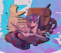 Size: 2363x2048 | Tagged: safe, artist:toris12, twilight sparkle, alicorn, pony, g4, abstract background, book, chest, female, mare, parchment, solo, spread wings, twilight sparkle (alicorn), wings