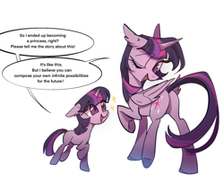 Size: 1640x1403 | Tagged: safe, artist:toris12, twilight sparkle, alicorn, pony, unicorn, g4, butt, duo, duo female, female, filly, filly twilight sparkle, floppy ears, foal, horn, mare, plot, self paradox, self ponidox, simple background, twilight sparkle (alicorn), underhoof, unicorn twilight, white background, younger