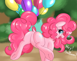 Size: 2652x2103 | Tagged: safe, artist:marbatra, pinkie pie, earth pony, pony, g4, balloon, balloonbutt, butt, dialogue, dock, featureless crotch, female, floating, frog (hoof), happy, looking back, mare, open mouth, plot, sfw version, solo, tail, then watch her balloons lift her up to the sky, underhoof