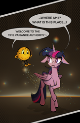 Size: 1377x2129 | Tagged: safe, artist:toris12, twilight sparkle, alicorn, pony, g4, abstract background, artificial intelligence, crossover, duo, female, floppy ears, hand on hip, loki (tv series), looking at each other, looking at someone, mare, miss minutes, speech bubble, tara strong, text, twilight sparkle (alicorn), voice actor joke