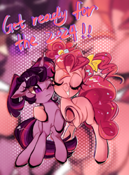 Size: 2048x2776 | Tagged: safe, artist:toris12, pinkie pie, twilight sparkle, earth pony, pony, unicorn, g4, 2024, abstract background, alternate hairstyle, duo, duo female, eyes closed, female, horn, hug, mare, one eye closed, smiling, text