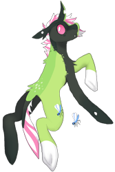 Size: 1400x2100 | Tagged: safe, artist:catastrophyte, oc, oc only, oc:len, changeling, firefly (insect), hybrid, insect, pony, adoptable, changeling hybrid, coat markings, colored, colored horn, curved horn, facial markings, flat colors, frown, full body, green coat, horn, hybrid oc, leonine tail, looking back, no catchlights, pink mane, pink sclera, pony hybrid, raised hoof, simple background, socks (coat markings), solo, spotted, striped mane, striped tail, tail, tail fluff, transparent background, two toned coat, two toned horn, two toned mane, two toned tail, underhoof, wall of tags, white mane, white pupils