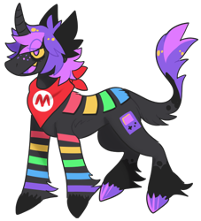 Size: 500x550 | Tagged: safe, artist:catastrophyte, oc, oc only, oc:gameboy, pony, unicorn, bags under eyes, bandana, black tail, coat markings, colored ears, colored hooves, colored sclera, colored tail, colored teeth, ear fluff, eye clipping through hair, fangs, fetlock tuft, freckles, full body, game boy, gray coat, hooves, horn, leg markings, leg stripes, leonine tail, mismatched hooves, multicolored coat, neckerchief, open mouth, open smile, purple eyes, purple mane, purple mouth, purple tail, shiny hooves, simple background, smiling, socks (coat markings), solo, standing, stripes, super mario bros., tail, transparent background, two toned mane, two toned tail, unicorn oc, video game console, wall of tags, yellow sclera, yellow teeth