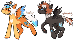 Size: 1600x850 | Tagged: safe, artist:catastrophyte, oc, oc only, oc:asha ziba, oc:aurulian, pegasus, pony, adoptable, bandage, bandaged neck, bandaged tail, bandaid, bandaid on nose, blue wingtips, brown coat, brown hooves, brown mane, butt fluff, chest marking, coat markings, colored, colored ears, colored hooves, colored wings, colored wingtips, dot eyes, duo, ear fluff, eye clipping through hair, eyebrows, eyebrows visible through hair, facial markings, flat colors, frown, goggles, goggles on head, heart, heart mark, hooves, leonine tail, mismatched hooves, multicolored mane, orange coat, pegasus oc, raised hoof, raised leg, short mane, simple background, small wings, smiling, spread wings, standing, standing on three hooves, striped tail, swirls, tail, three toned tail, transparent background, two toned tail, two toned wings, wall of tags, white tail, wing markings, wings