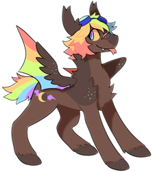 Size: 1600x1770 | Tagged: safe, artist:catastrophyte, oc, oc only, oc:cosmic brownie, bat pony, pony, :p, bat pony oc, blue eyes, brown coat, chest fluff, colored, colored sclera, colored wings, commission, countershading, ear fluff, facial scar, flat colors, forked tongue, freckles, goggles, goggles on head, hybrid wings, looking back, multicolored hair, multicolored wings, no catchlights, nose scar, profile, rainbow freckles, rainbow hair, rainbow tail, rainbow wings, rainbow wingtips, scar, short mane, simple background, slit pupils, smiling, solo, spread wings, standing, tail, tongue out, transparent background, two toned eyes, unshorn fetlocks, wings, yellow sclera