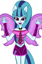 Size: 3000x4544 | Tagged: safe, artist:happyb0y95, sonata dusk, human, rainbow rocks 10th anniversary, equestria girls, g4, my little pony equestria girls: rainbow rocks, clothes, cute, female, fingerless gloves, gem, gloves, high ponytail, high res, jewelry, long hair, looking at you, necktie, open mouth, ponied up, pony ears, ponytail, shirt, simple background, siren gem, skirt, solo, sonatabetes, sparkles, spread wings, surprised, white background, wings