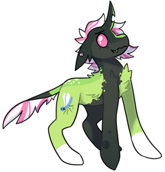 Size: 700x730 | Tagged: safe, artist:catastrophyte, oc, oc only, oc:len, changeling, hybrid, pony, :t, changeling hybrid, chest fluff, coat markings, colored, colored sclera, curved horn, ear fluff, facial markings, flat colors, flopyp ears, frown, full body, green coat, horn, leonine tail, looking sideways, pink eyes, pink mane, pink sclera, pony hybrid, profile, shoulder fluff, simple background, socks (coat markings), solo, spotted, standing, tail, transparent background, two toned horn, two toned mane, two toned tail, wavy mouth, white mane, white pupils