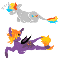 Size: 1264x1264 | Tagged: safe, artist:catastrophyte, oc, oc only, bat pony, pony, unicorn, adoptable, bat pony oc, colored sclera, duo, gray coat, horn, leonine tail, lying down, onomatopoeia, orange mane, ponyloaf, prone, purple coat, simple background, sleeping, smiling, sound effects, tail, three toned mane, unicorn oc, white background, yellow sclera, zzz