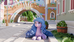 Size: 1920x1080 | Tagged: safe, artist:frostysnowdrift, izzy moonbow, pony, unicorn, g5, 3d, :p, blender, blue mane, blue tail, bracelet, female, friendship bracelet, horn, jewelry, lying down, magenta eyes, mare, maretime bay, prone, purple coat, solo, tail, tongue out