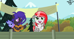 Size: 790x415 | Tagged: safe, artist:lifeisgood, oc, oc only, oc:side, changeling, pony, duo, duo male and female, female, guitar, male, musical instrument