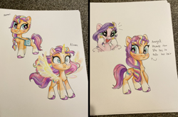 Size: 3102x2048 | Tagged: safe, artist:swirlmlp69768, pipp petals, sunny starscout, alicorn, earth pony, pegasus, pony, g5, 2 panel comic, comic, duo, duo female, fangirling, female, heart, heart eyes, hooves on cheeks, mare, messy mane, race swap, starry eyes, sunnycorn, text, traditional art, transformation, wingding eyes