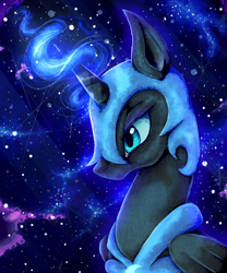 Size: 1000x1200 | Tagged: safe, artist:dystopiandragon, nightmare moon, alicorn, pony, g4, blue eyes, blue hair, blue mane, bust, colored pupils, digital art, ethereal mane, eyeshadow, feather, female, folded wings, glowing, glowing horn, helmet, horn, lidded eyes, magic, makeup, mare, night, peytral, portrait, signature, sky, smiling, solo, starry mane, stars, wings