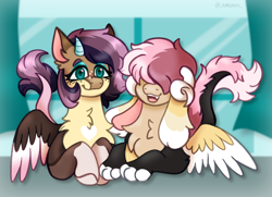 Size: 1800x1300 | Tagged: safe, artist:_rarerayy_, oc, oc only, draconequus, hybrid, pony, digital art, duo, duo male and female, female, interspecies offspring, male, offspring, parent:discord, parent:fluttershy, parents:discoshy, siblings