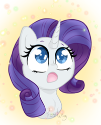 Size: 1130x1407 | Tagged: safe, artist:flutterbug18, rarity, pony, unicorn, g4, bust, female, gasp, horn, mare, portrait, simple background, solo, wide eyes