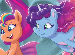 Size: 538x394 | Tagged: safe, artist:brianna garcia, idw, official comic, misty brightdawn, sunny starscout, earth pony, seapony (g4), unicorn, g5, my little pony: set your sail, official, set your sail #1, spoiler:comic, spoiler:g5comic, cropped, cute, dorsal fin, duo, duo female, female, fin, fin wings, fins, flowing mane, happy, horn, looking at someone, mane stripe sunny, mare, ocean, open mouth, open smile, out of context, rebirth misty, sea pony (g5), seaponified, seapony misty brightdawn, seapony sunny starscout, smiling, species swap, swimming, underwater, water, wings