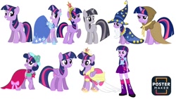 Size: 1280x720 | Tagged: safe, clover the clever, twilight sparkle, alicorn, human, pony, unicorn, equestria girls, g4, big crown thingy, bridesmaid dress, clothes, cosplay, costume, discorded twilight, dress, element of magic, female, gala dress, jewelry, mare, nightmare night costume, regalia, simple background, star swirl the bearded costume, twilight sparkle (alicorn), twilight the bearded, unicorn twilight, white background